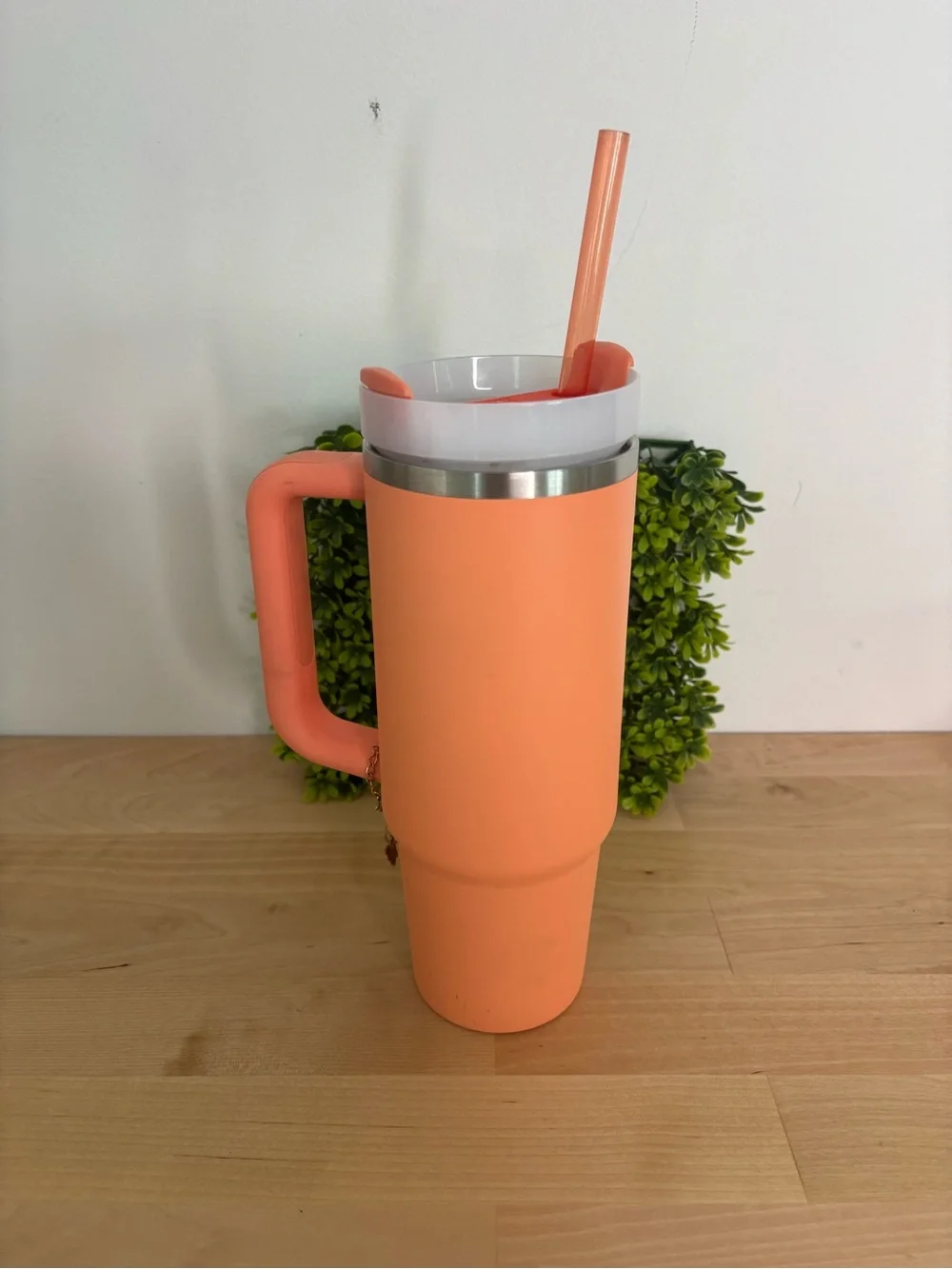 Stanley Coral Orange Travel Mug with Handle and Reusable Straw